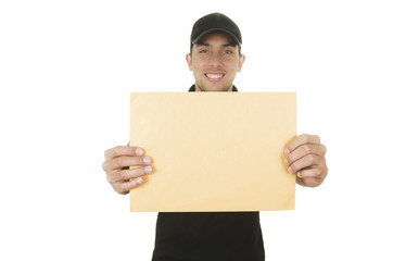 happy friendly confident delivery man holding manila envelope