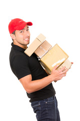 happy friendly confident delivery man carrying boxes