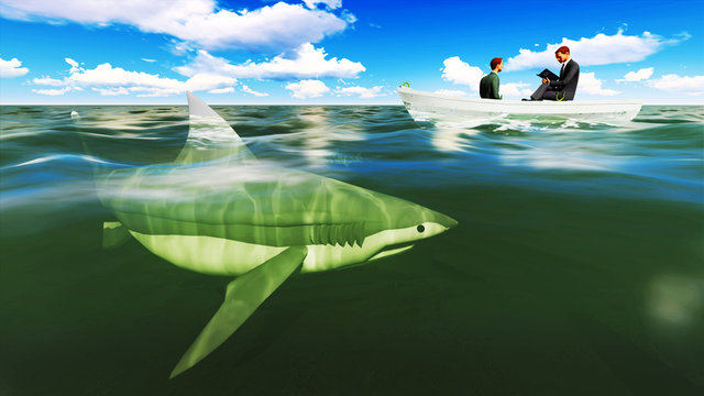 businessmen on boat with shark