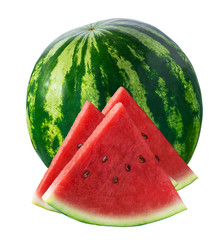 Whole watermelon and three triangle pieces isolated on white