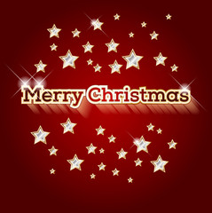 Red background with words Merry Christmas and golden stars