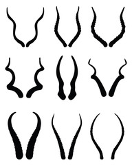 Black silhouettes of horns of antelopes, vector