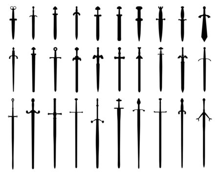 Black silhouettes of swords on a white background, vector