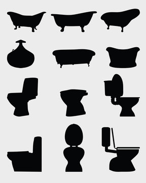 Silhouettes of toilet bowl and bathtubs, vector