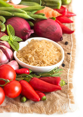 Whole upolished organic rice and vegetables