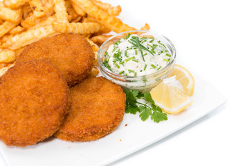 Fishburgers with Chips on white background