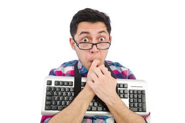 Computer nerd with keyboard isolated on white