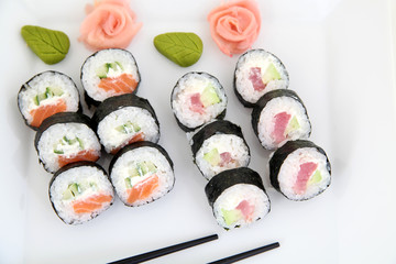 sushi set on white plate. Traditional japanese sushi rolls