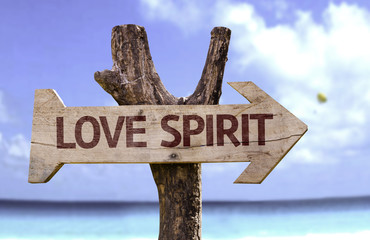 Love Spirit wooden sign with a beach on background