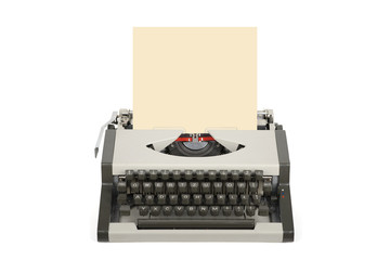 Travel typewriter with blank sheet isolated on white.