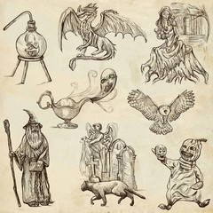 Fototapeta na wymiar Halloween, Monsters, Magic - An hand drawn collection