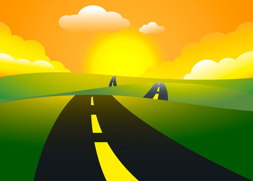 Road on the hills sunset landscape, vector illustration