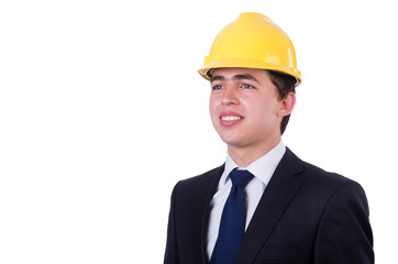 Man wearing hard hat isolated on white