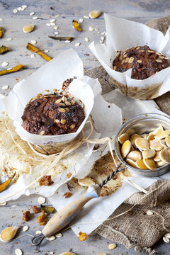 rustic muffins with pumpkin chocolate and oat flakes