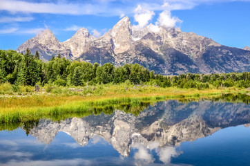 Grand Teton mountains landscape view with water reflection, USA