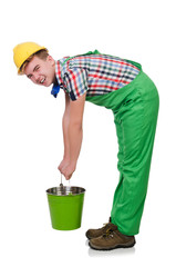 Funny painter with bucket isolated on white