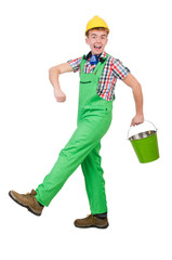 Funny painter with bucket isolated on white