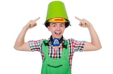 Funny painter with bucket isolated on white