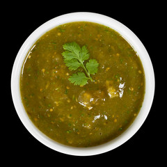 Salsa Verde with tortilla chips isolated