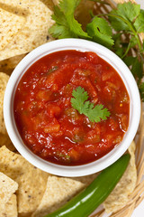 Spicy Red Salsa with tortilla chips. Selective focus.