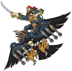 Pirate Riding Robot Crow or Raven Vector Cartoon Illustration