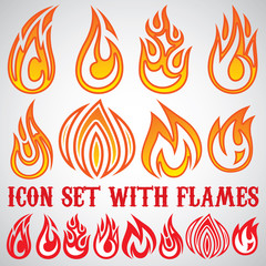 set of stylized icons with flames