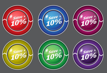 Fototapeta na wymiar Save 10 Percent Glossy Shiny Circular Vector Button