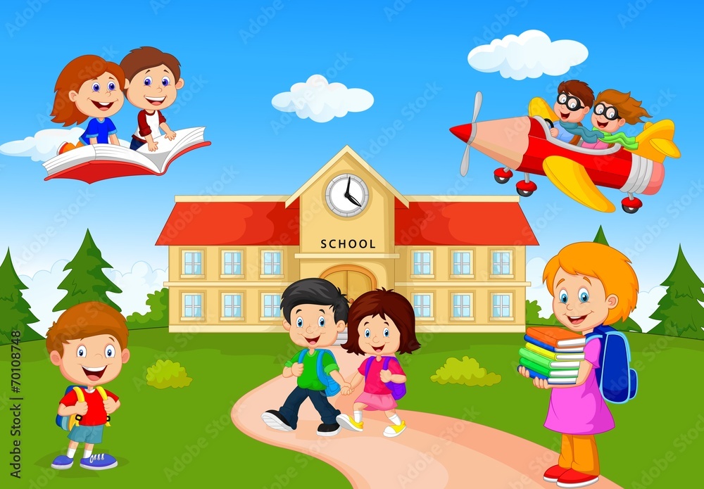 Wall mural happy cartoon school children