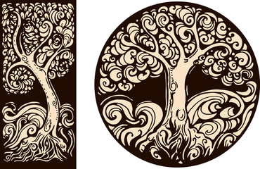 decorative images in retro graphic style with tree