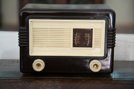 Vintage wooden radio with selective focus