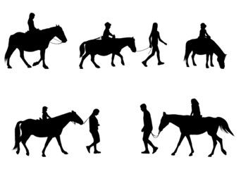 children riding horses silhouettes - vector