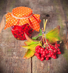 viburnum with jam in on vintage wooden boards , autumn