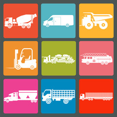 Set of nine icons of trucks