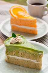 Japanese Matcha Green tea cake, tea and cake