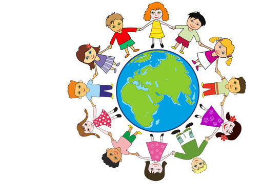 Children holding for hands around planet