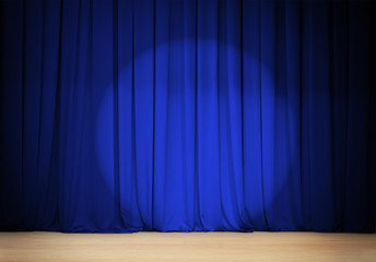 theatre blue curtain with wooden stage