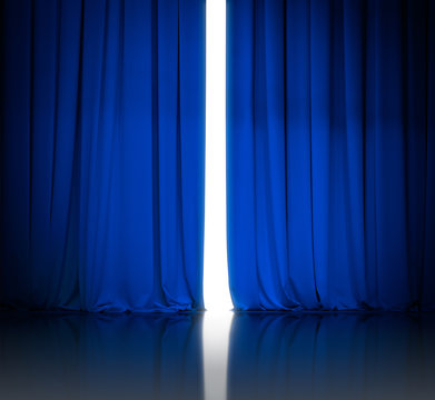 Blue Theater Or Cinema Curtains Slightly Open And White Light Be