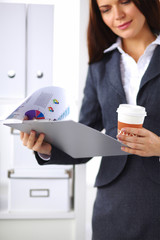 Attractive young businesswoman standing near desk with folder i