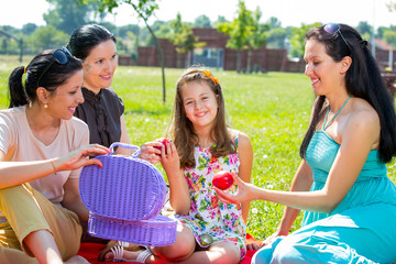 Picnic fun. Four girls having fun at a picnic