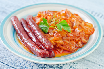 fried cabbage with sausages