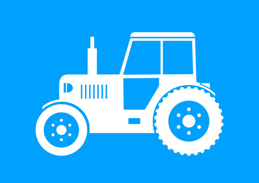 White tractor icon on blue background