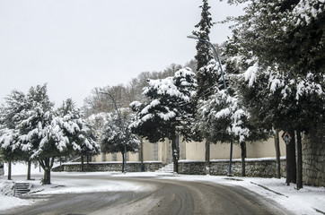 a small mountain town with trees and snow-covered road cooltone