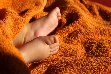 the feet of the baby in the blanket