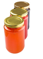 Blueberry, strawberry and orange fruit open lid bottled jam 