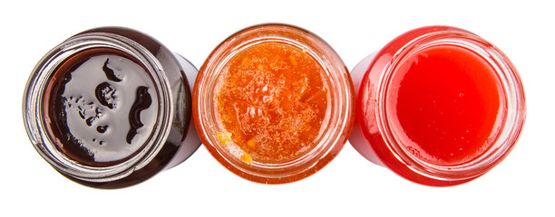 Blueberry, strawberry and orange fruit open lid bottled jam 
