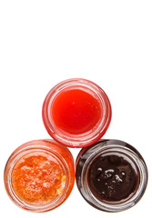 Blueberry, strawberry and orange fruit open lid bottled jam 