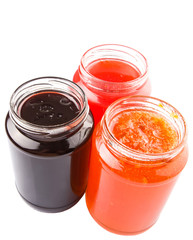 Blueberry, strawberry and orange fruit open lid bottled jam 