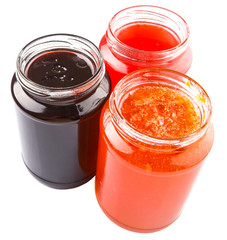 Blueberry, strawberry and orange fruit open lid bottled jam 