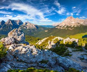 Gruppo Del Cristallo mountain range at sunny summer morning. Dol