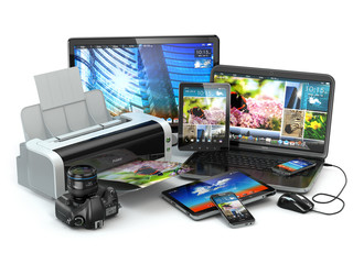 Computer devices. Mobile phone, laptop, printer, camera and tabl - obrazy, fototapety, plakaty